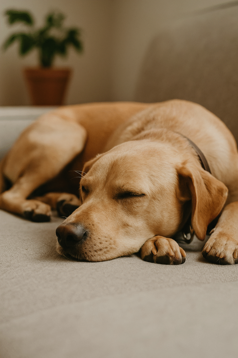 Golden retriever resting calmly on a cozy bed