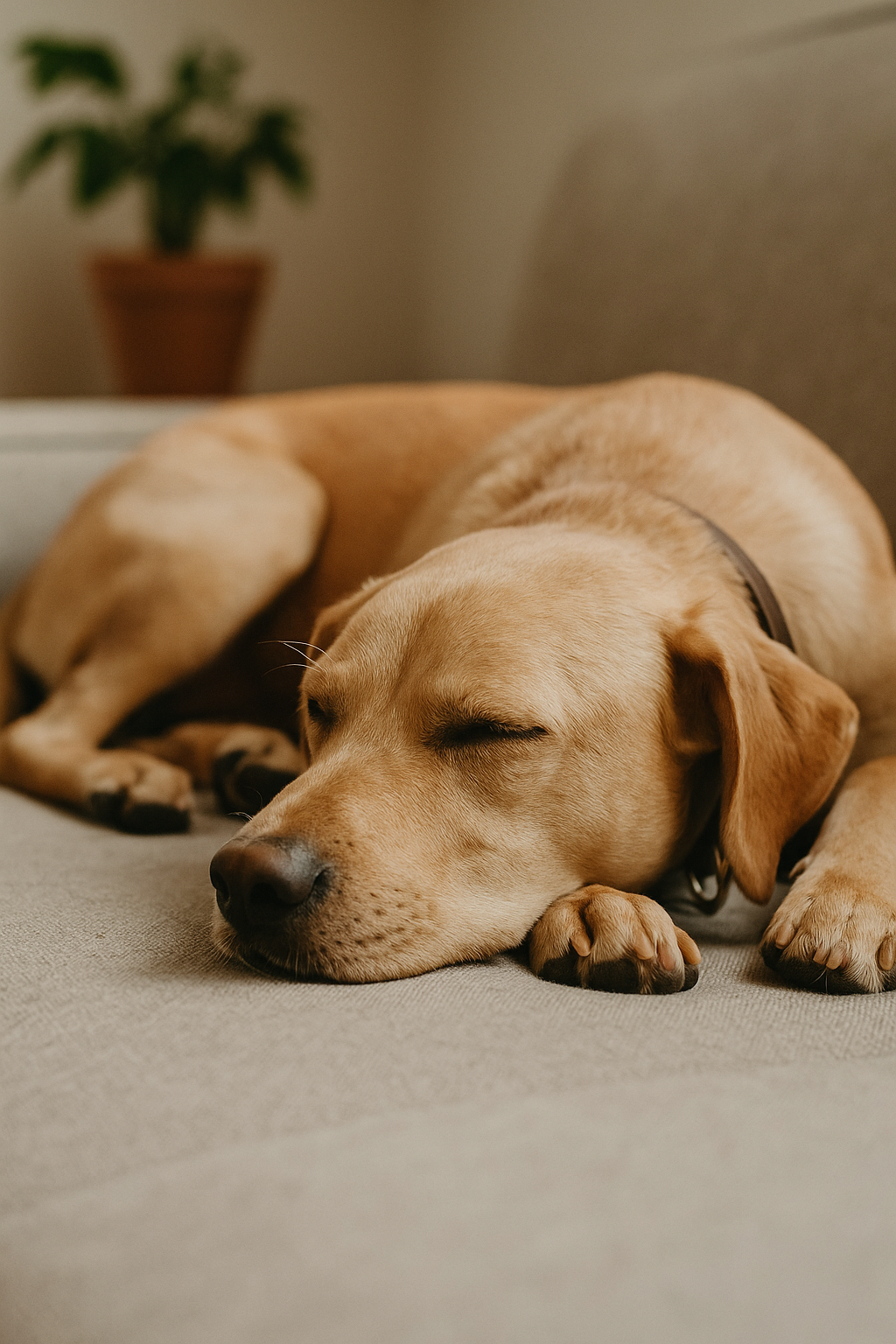 Golden retriever resting calmly on a cozy bed